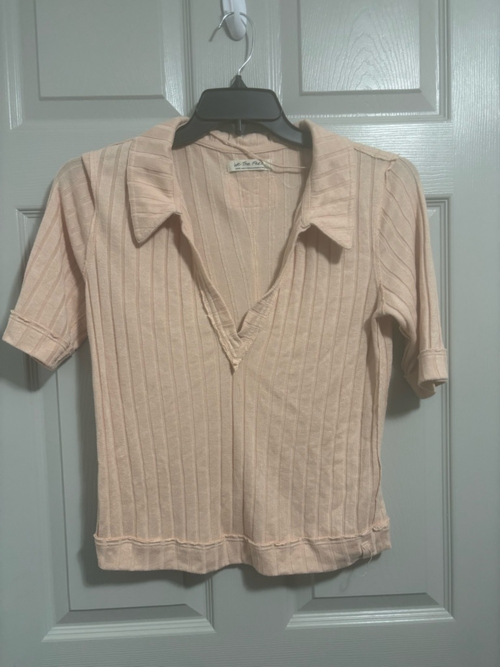 We The Free Ribbed V-Neck Polo Top in Blush Pink